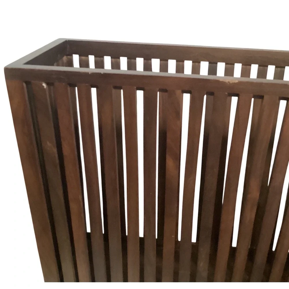 Mid Century Modern Slatted Wood Magazine Holder Floor Rack Dark Brown Heavy